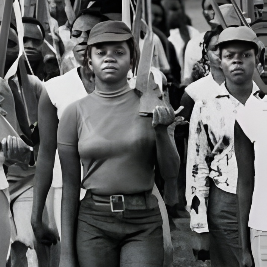 Women standing armed during the Biafran War.